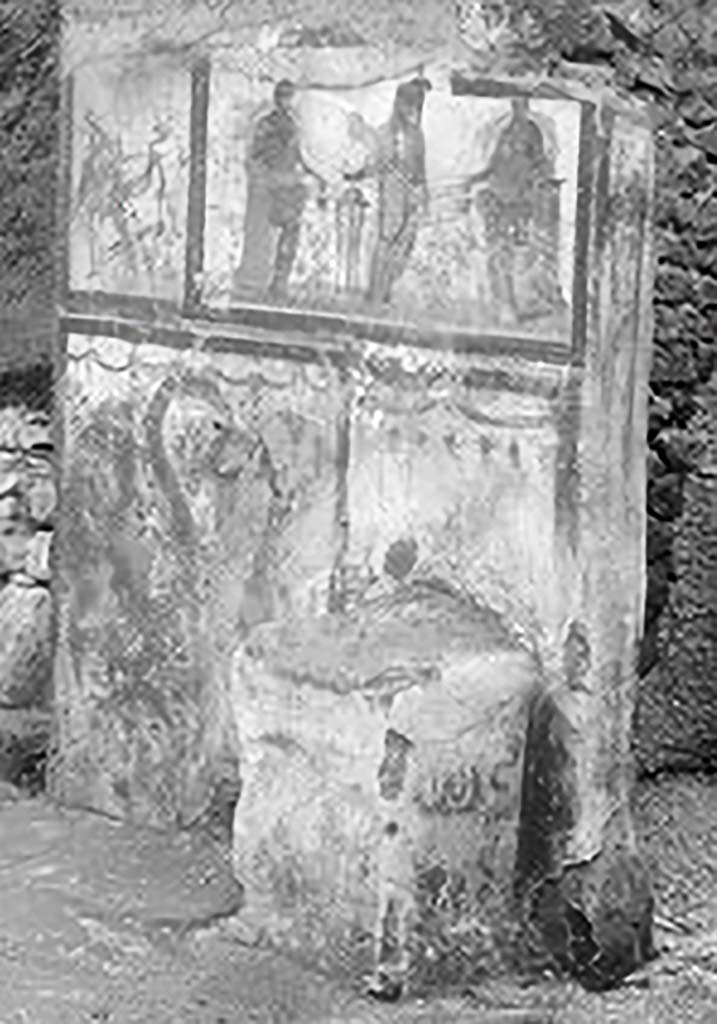Street shrine outside IX.12.7. Early 20th century view showing south and east sides of altar.