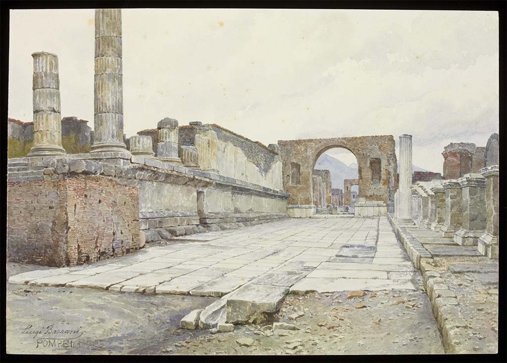 Arch of Nero. Undated watercolour painting by Luigi Bazzani looking north from site of arch to arch at north-east end of the Forum.
Photo © Victoria and Albert Museum, inventory number 1419-1901.
