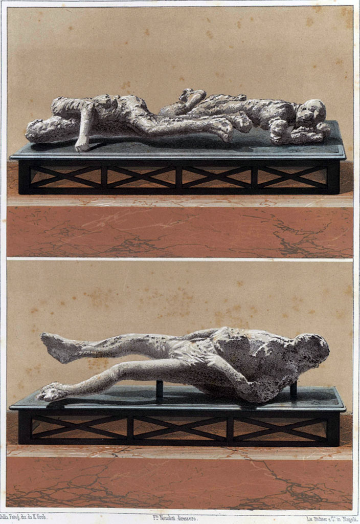 Victims 2 and 3 in upper picture and victim number 1 in lower picture.
See Niccolini F, 1862. Le case ed i monumenti di Pompei: Volume Secondo. Napoli, Tav. XVIII.

