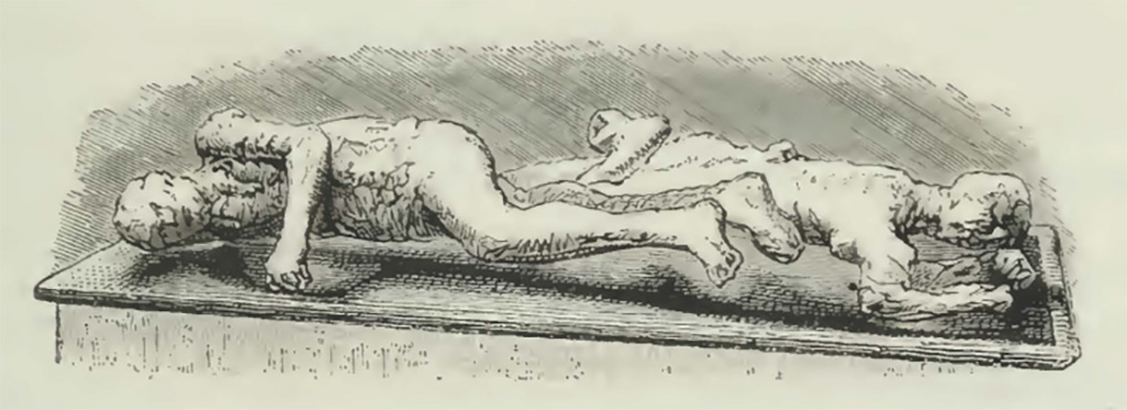 Plaster casts of victims 2 and 3. 1870. Drawing by Breton.
According to Breton, “She lies flat on her stomach, her legs contracted and her face pressed against her left arm.
Her hand grasps a fold of her garment, in which she apparently tried to wrap her head.
The form of this head is perfectly preserved, and a large portion of the cranium itself is exposed.”
See Breton, Ernest. 1870. Pompeia, Guide de visite a Pompei, 3rd ed. Paris, Guerin. (p.280-282)
See Dwyer, E., 2010. Pompeii’s Living Statues. Ann Arbor: Univ of Michigan Press. (p.63).
