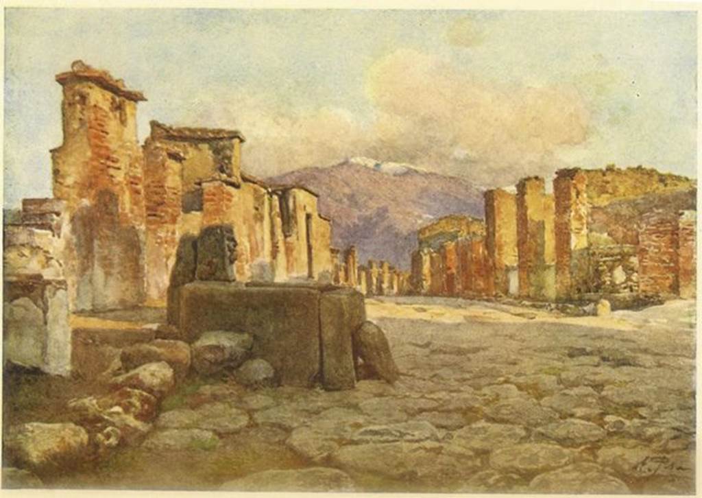 Painting of fountain at VI.1.2 around the year 1910.  This artistically transposes the fountain from VI.13.7 on Via della Fortuna to the area of VI.1.2 on Via Consolare (see picture below)