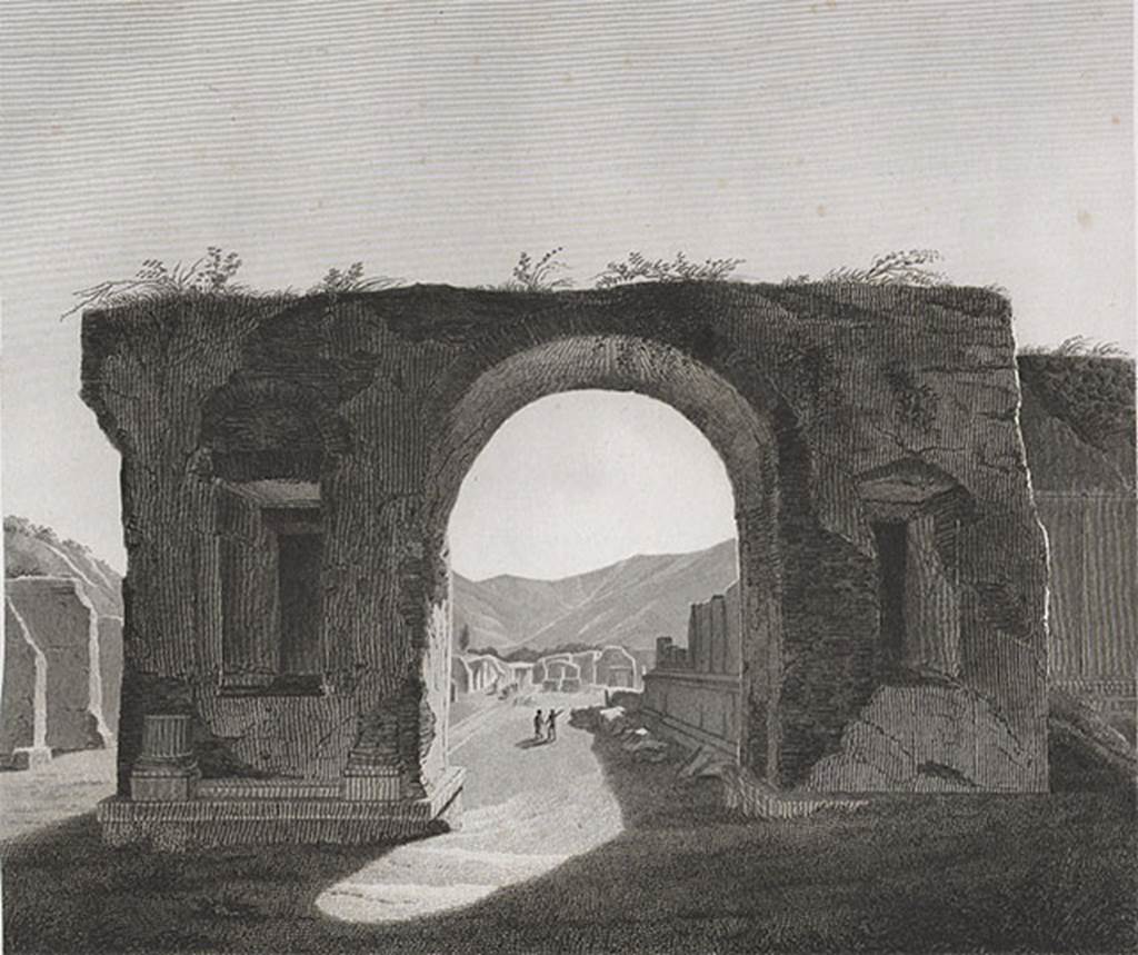 Fountain in arch at north-east corner of Forum. 1829 drawing of arch and fountain by Mazois. Looking south.
See Mazois, F., 1829. Les Ruines de Pompei: Troisième Partie. Paris: Didot Frères, pl XLI fig.1.  

