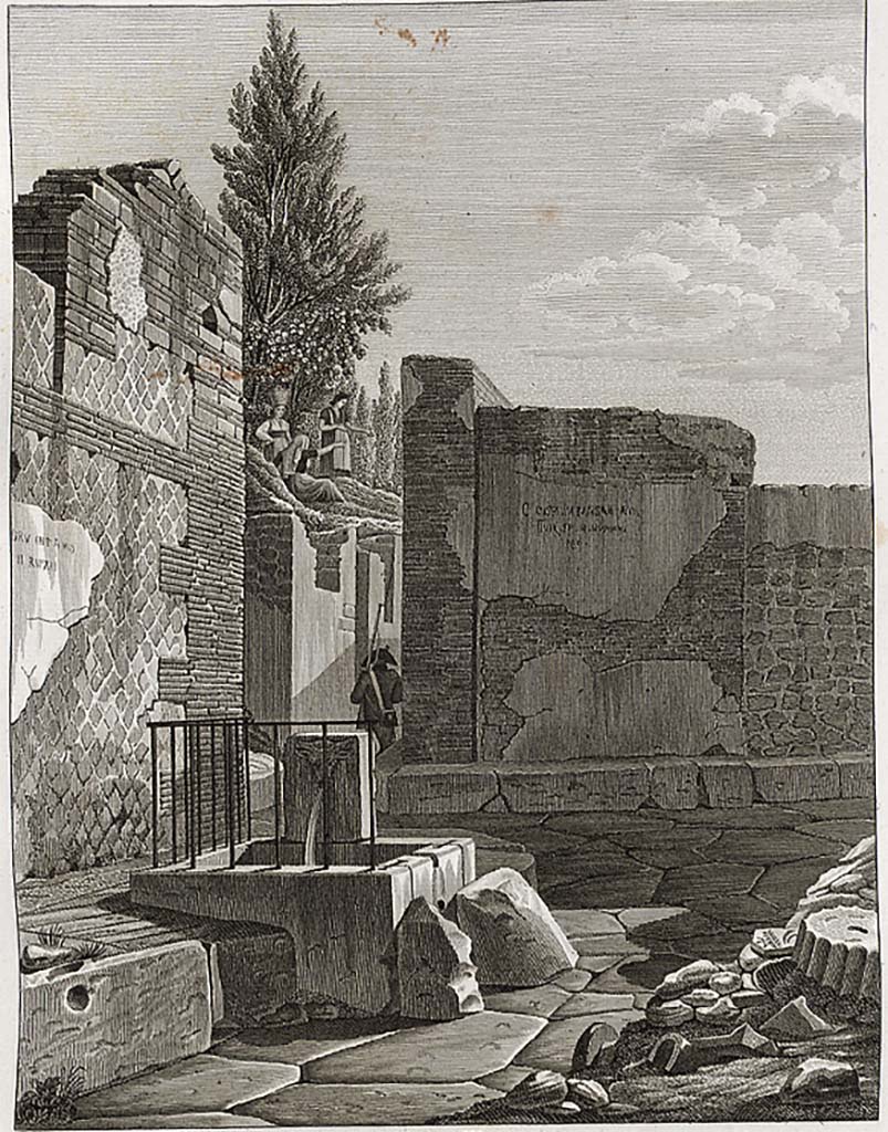 Vicolo della Regina, Pompeii. Drawing by Mazois, looking west to junction with Vicolo dei Dodici Dei.
According to Mazois – this fountain was decorated with the head of a bull; but what made it remarkable was the iron balustrade which surrounded it at the side of the sidewalk to stop anyone falling into the basin.
The iron bars, already almost destroyed by rust during their discovery, could not resist for long the atmosphere of the air, they have disappeared, however there are still fragments embedded into the stone.
See Mazois, F., 1824. Les Ruines de Pompei : Second Partie. Paris: Firmin Didot, Pl. V, fig.1, and p. 38.
