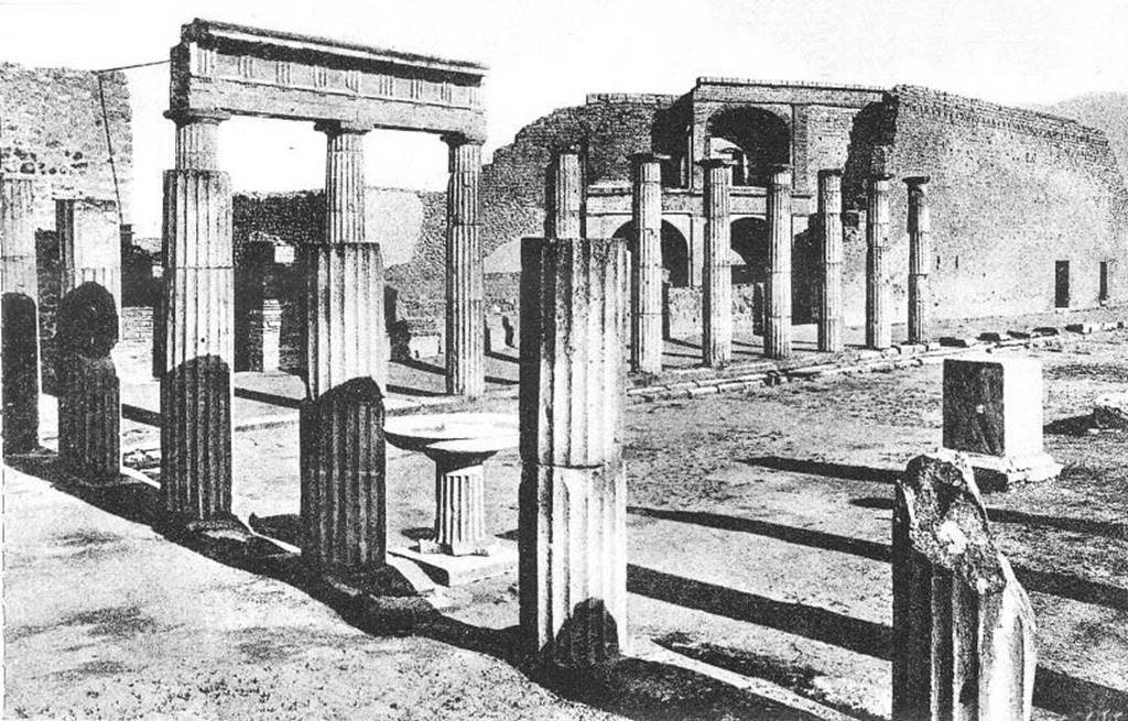 Fountain on Triangular Forum. Old postcard date unknown. The labrum is in position and the columns have been restored.
Triangular Forum east side with theatre in background. Photo courtesy of Rick Bauer.
