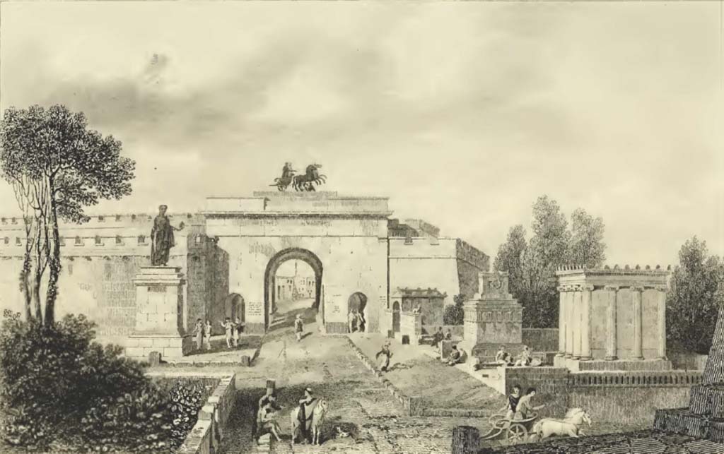 Porta Ercolano or Herculaneum Gate. Plate entitled “Entrance to the city from Herculaneum restored”. Engraved by G. Cooke. 
Looking south from near Via Pomeriale.
See Gell, W, and Gandy J. P., 1819. Pompeiana the topography edifices and ornaments. London: Rodwell and Martin, 1819. (p.137, Plate XIX).
