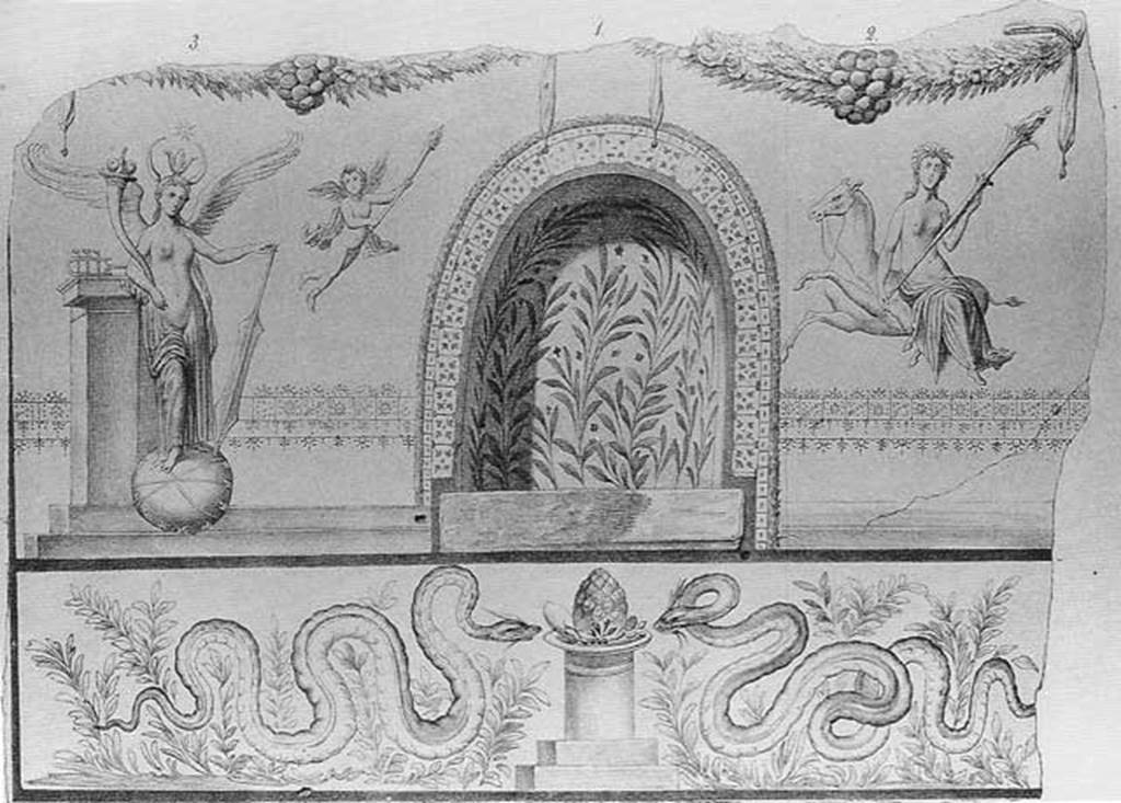 IX.3.12 Pompeii. 1872 drawing of lararium painting and niche on south wall. The niche had green and brown leaves and red flowers. On the white plaster surrounding the niche, there were paintings. On the right, Luna was sitting on a horse. On the left, Isis-Fortuna with large green wings and a crescent moon with a lotus flower in the middle of her head.
To the side of Isis-Fortuna was a cupid holding a lighted torch in both hands. Below the niche, were two large bearded and crested serpents in front of an altar with egg and pine-cone on top. See Boyce G. K., 1937. Corpus of the Lararia of Pompeii. Rome: MAAR 14. (p.83 and Pl.26,1). See Fröhlich, T., 1991. Lararien und Fassadenbilder in den Vesuvstädten. Mainz: von Zabern. (L102, p. 295, Taf. 45.1). See Pappalardo, U., 2001. La Descrizione di Pompei per Giuseppe Fiorelli (1875). Napoli: Massa Editore. (p. 146). See Annali dell’Instituto di Corrispondenza Archeologica (DAIR), Vol. 44, 1872, p. 35ff, Tav C.