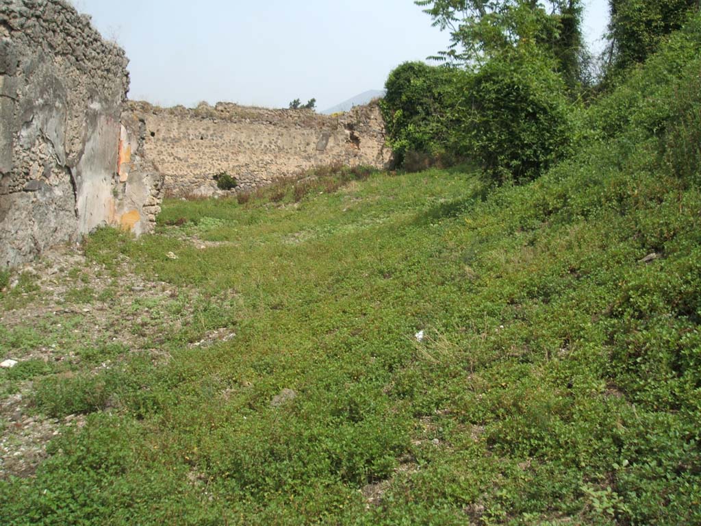 IX.6.g Pompeii. May 2005. Looking across site of atrium “2”, towards tablinum “d” and towards north wall of peristyle “4”.
According to Boyce –
In the north wall of the peristyle, near the north-east corner, is a large rectangular niche (h.1.13, w.0.87, d.0.38, h. above floor 0.88).
The walls of the niche were coated with uniform white stucco, and in its floor were two square depressions, as if for statue bases.
He thought the niche was unusually large for an ordinary lararium.
See Bullettino dell’Instituto di Corrispondenza Archeologica (DAIR), 1881, p. 22.
See Boyce G. K., 1937. Corpus of the Lararia of Pompeii. Rome: MAAR 14. (p. 87, no. 434).

According to Jashemski, the peristyle garden at the rear of the tablinum was enclosed by a portico on the south, east, north and most of the west sides.
The portico was supported by 12 columns, and 2 engaged columns, painted red below and white above.  
In the north wall of the peristyle near the north-east corner was a large rectangular niche. 
The garden is completely destroyed today.
See Jashemski, W. F., 1993. The Gardens of Pompeii, Volume II: Appendices. New York: Caratzas. (p. 239)

