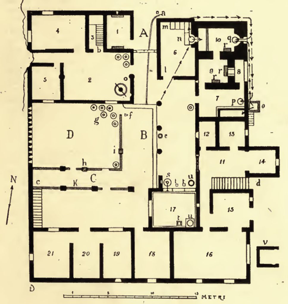 Boscoreale. Villa of Numerius Popidius Florus. Plan of villa.
See Notizie degli Scavi di Antichità, 1921, p.443, fig. 12. See Casale A., Bianco A., Primo contributo alla topografia del suburbio pompeiano: Supplemento al n. 15 di ANTIQUA ottobre-dicembre 1979, 2, p. 30, fig. 2.
