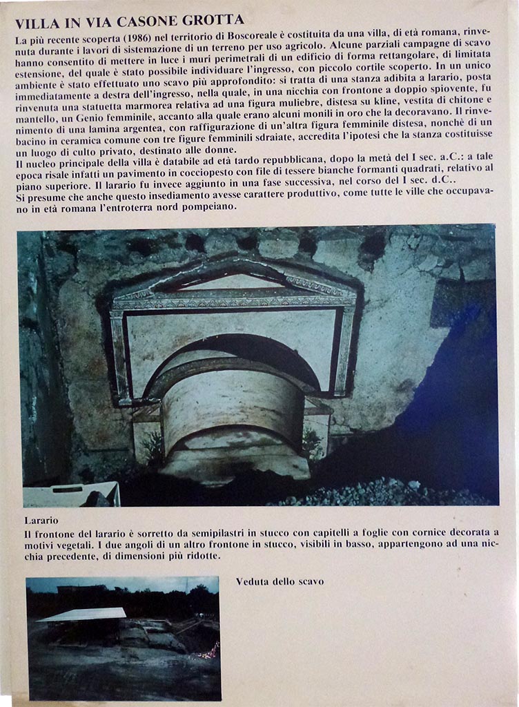 Boscoreale, Villa rustica in via Casone Grotta, proprietà Risi di Prisco, lararium information card in Boscoreale Antiquarium.
Photo courtesy of Michael Binns.
Note: The photo of the "Veduta dello scavo" is reversed compared with that published in RsP II.
See Rivista di Studi Pompeani II, 1988, fig.70, p. 216.
