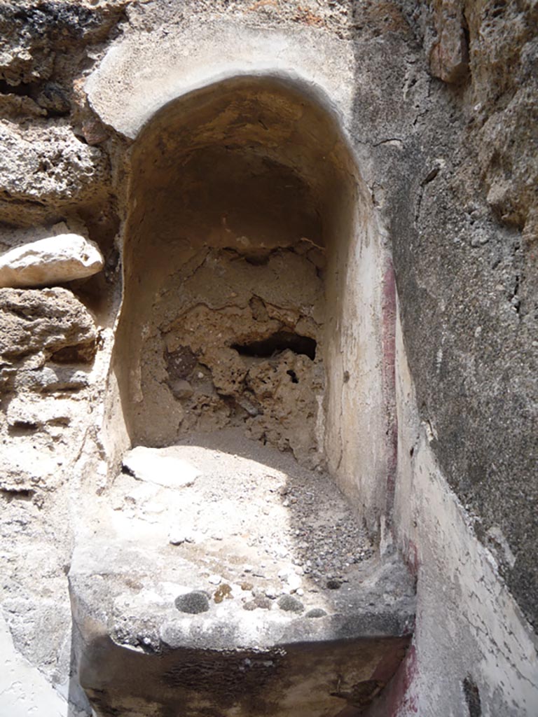 VII.1.36 Pompeii. October 2009. Niche at east end of north wall. Photo courtesy of Jared Benton.
According to Boyce, in the first room on the left of the atrium, in the north wall near the north-east corner, was an arched niche 
(h.0.60, w.0.35, depth irregular but averaged about 0.25, height above the floor 1.35), with heavy ledge projecting (0.20) from the surface of the wall. 
The interior of the niche was coated with white stucco and outlined with red stripes in harmony with the decoration of the walls of the room.
See Boyce G. K., 1937. Corpus of the Lararia of Pompeii. Rome: MAAR 14. (p.61, no.241B) 
