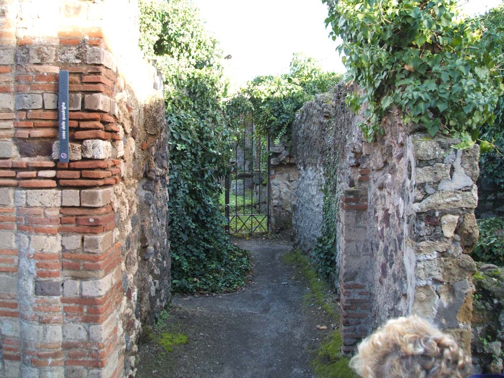 VII.2.25 Pompeii. December 2004. Looking east along entrance corridor.
According to Boyce, in the kitchen on the north side of the entrance corridor, a poorly preserved lararium painting was found.
On the right of an altar was the Genius in a toga, on the left was the tibicen in a long white garment.
On each side of them stood a Lar clad in a green and yellow tunic and red cloak.
The Genius was larger than the tibicen, but the Lares were larger than the Genius.
In the lower zone, two serpents were confronted at an altar, above them were garlands and in front, plants.
See Boyce G. K., 1937. Corpus of the Lararia of Pompeii. Rome: MAAR 14.  (p.63, no. 255).