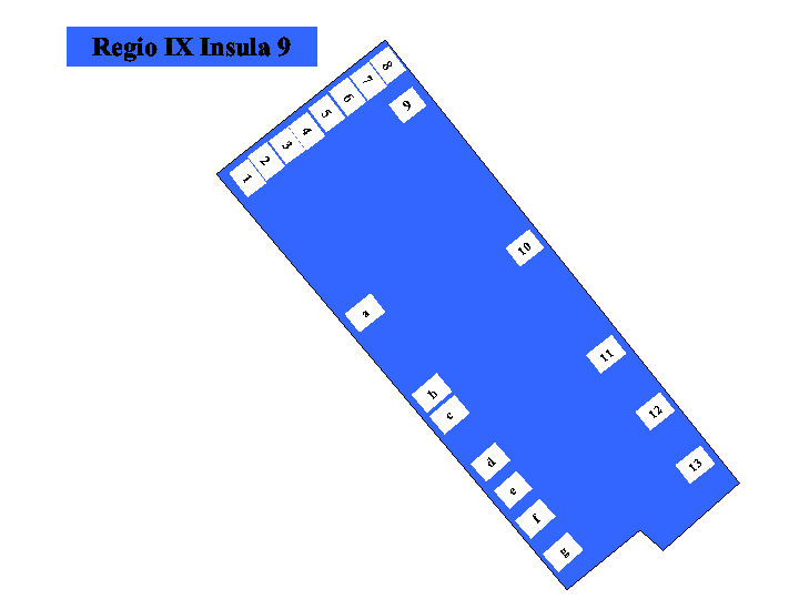 Pompeii Regio IX(9) Insula 9. Plan of entrances 1 to 13 and a to g