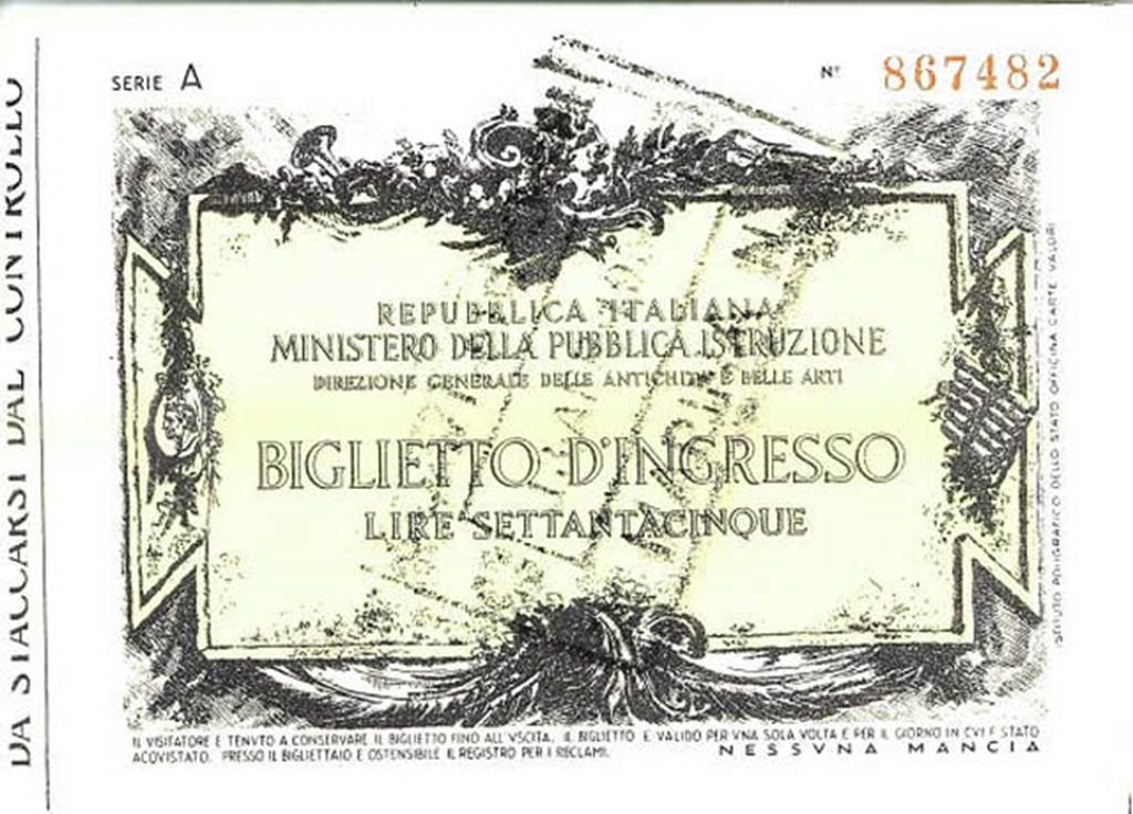 T.9. Pompeii Porta Marina entrance ticket dated 13 Apr 193(?), the last digit is unclear. Entry fee was 75 Lire. 
The "Serie B" ticket below (printed as Lire 100 but over-stamped Lire 150) is dated 18 Sep 1932.
That would suggest a date range of 1930-31 for this "Series A" ticket.
Photo courtesy of Rick Bauer.

