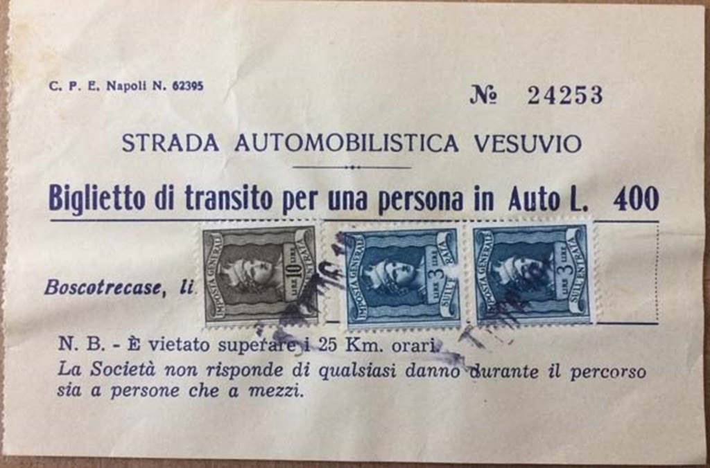 T.27A. Vesuvius. Strada Automobilistica Vesuvio ticket (10th August 1973). Vesuvius car road ticket for one person. 
Issued at Boscotrecase at a cost of 400 lira, presumably with 4% (16 lira) stamp duty.
Note: It is forbidden to exceed 25 km per hour.
Note: The company is not responsible for any damage during the journey to people or vehicles.
Photo courtesy of Rick Bauer.
