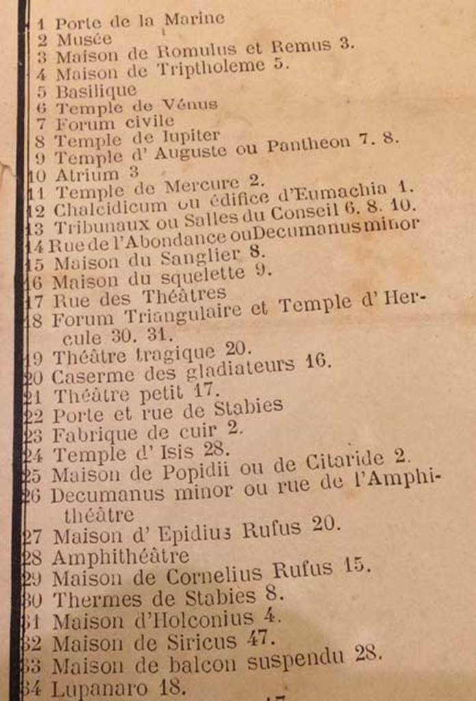 Pompeii guide by Scafati 1876. Plan key to houses. Photo courtesy of Rick Bauer.