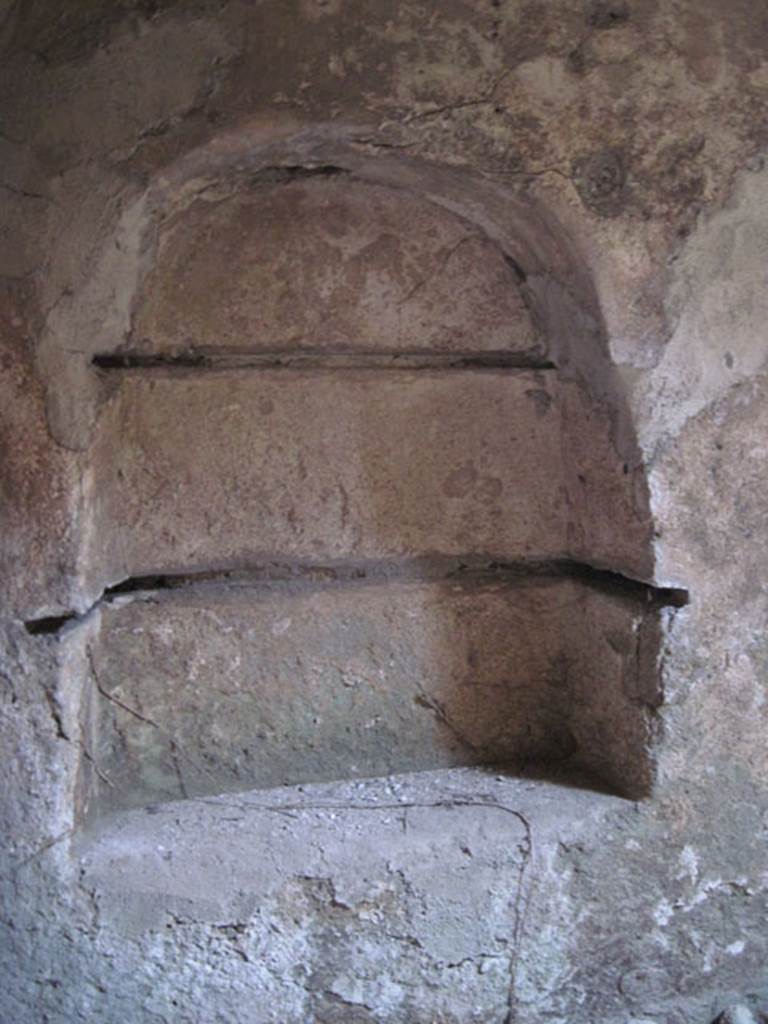 I.3.3 Pompeii. September 2010. Subterranean Level, detail of recess in north wall, with shelving slots.  Photo courtesy of Drew Baker.
