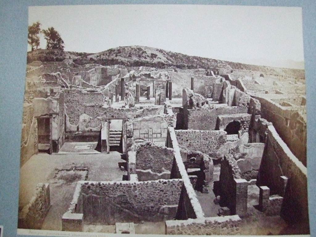 I.3.3 Pompeii. Looking east across atrium towards upper peristyle. Photo taken in the late 1800’s, showing insula I.3 after excavation.  Domus of Epidius Fortunatus is on the left hand side, with steps from the atrium to the peristyle above.  Courtesy of the Society of Antiquaries, Fox Collection.

