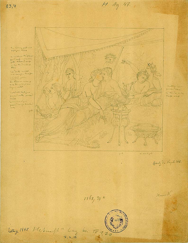 I.3.18 Pompeii. Drawing by L. Schulz dated 1868, of a banquet scene with couple kissing.
DAIR 83.4. Photo  Deutsches Archologisches Institut, Abteilung Rom, Arkiv. 
