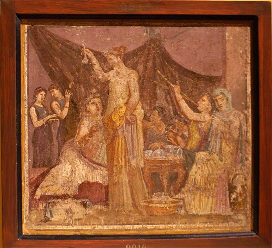 I.3.18 Pompeii. Wall painting of a womens banquet scene.
Now in Naples Archaeological Museum.  Inventory number 9016.
According to Richardson, the above painting was found with another banquet scene, inventory number 9015.
See Richardson, L., 2000. A Catalog of Identifiable Figure Painters of Ancient Pompeii, Herculaneum. Baltimore: John Hopkins, (p.120) 
