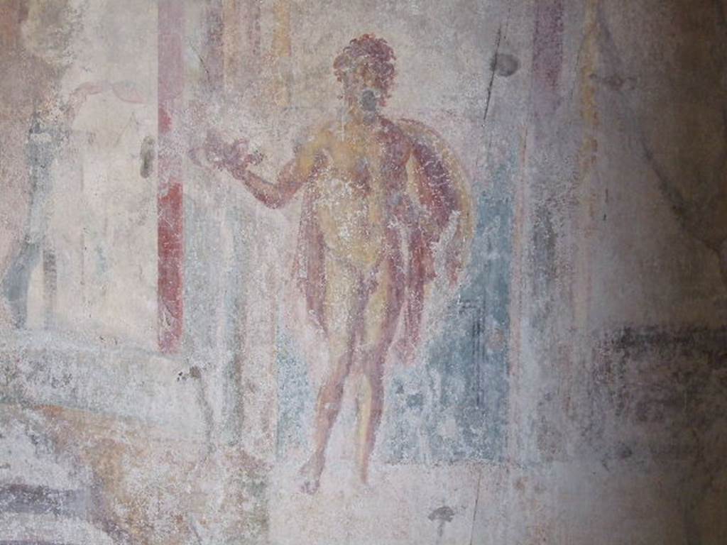 I.3.25 Pompeii. December 2006. Detail of wall painting on west wall. A naked youth symbolising beauty.