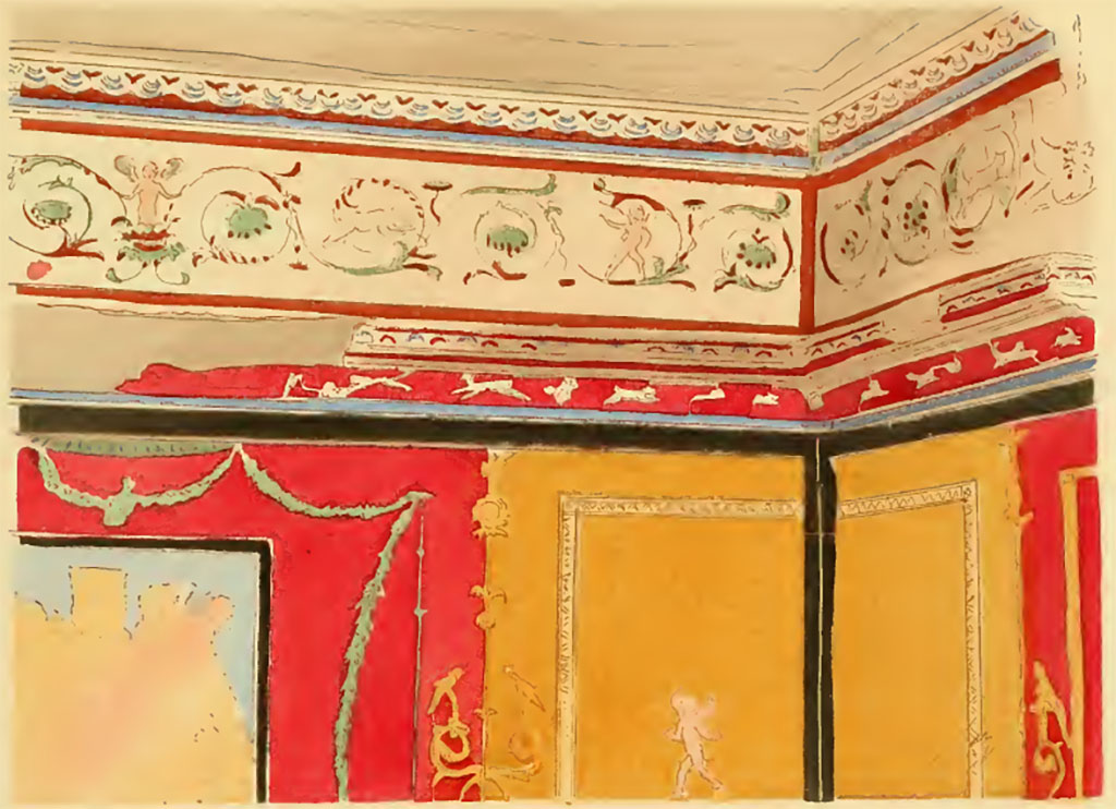 I.3.25 Pompeii. Undated painting by Pierre Gusman of detail of upper wall in the cubiculum, south-west corner.
Described as - XXI. 1° Frise d'une chambre du quatrième style (Région 1, 2, 25).
See Gusman P., 1924. La Décoration Murale de Pompei. Paris : Morancé, pl. XXI,1.
