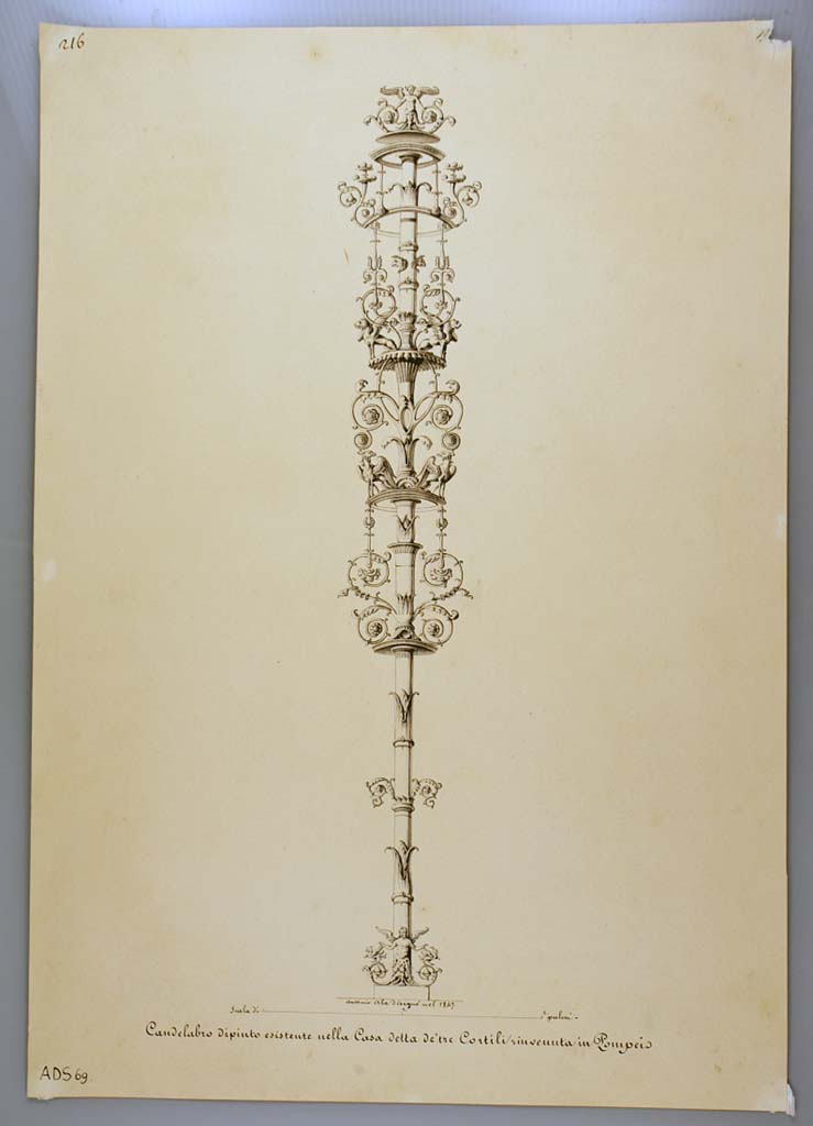 I.4.25 Pompeii. Drawing by Antonio Ala, 1847, of candelabra with grotesque figures.
Described as painted candelabra existing in house known as House of the Three Courtyards, but wall on which seen is not traceable.
Now in Naples Archaeological Museum. Inventory number ADS 69.
Photo  ICCD. https://www.catalogo.beniculturali.it
Utilizzabili alle condizioni della licenza Attribuzione - Non commerciale - Condividi allo stesso modo 2.5 Italia (CC BY-NC-SA 2.5 IT)
