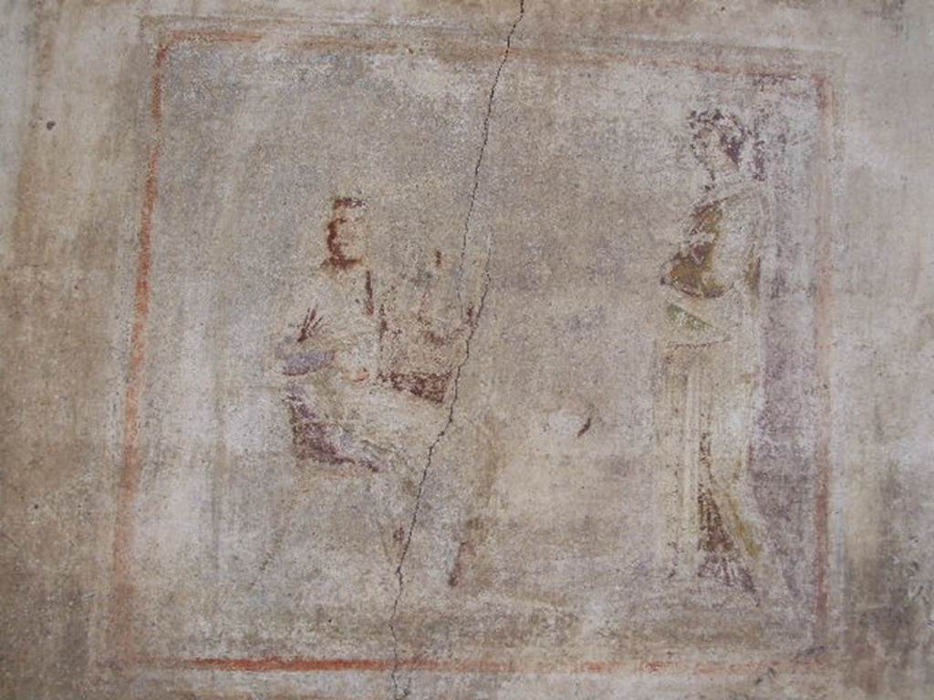 I.4.25 Pompeii. December 2006. Room 23, south wall of cubiculum. Remains of a wall painting of a musical contest. 
On the left sits an old crowned king with a plectrum in his hand and a lyre on his knee. 
In front of him stands is a young girl dressed in yellow and playing a seven-string lyre. 
See Helbig, W., 1868. Wandgemlde der vom Vesuv verschtteten Stdte Campaniens. Leipzig: Breitkopf und Hrtel. (1378b, p.309).

