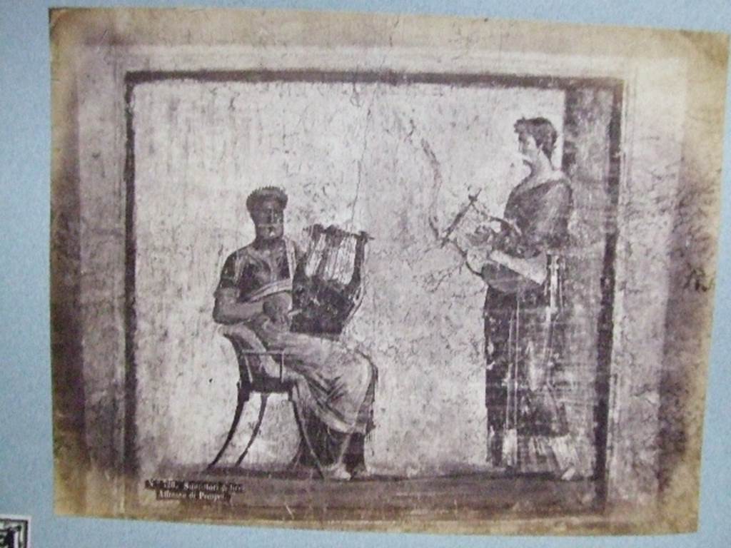 I.4.25 Pompeii. Room 23, south wall of cubiculum. Old undated photograph of a wall painting of a musical contest. 
Courtesy of Society of Antiquaries, Fox Collection. See preceding photograph taken in 2006. 

