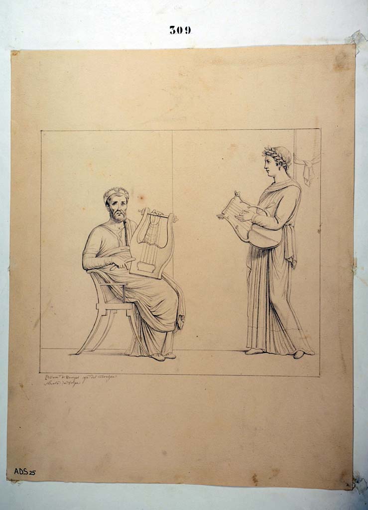 I.4.25 Pompeii. Room 23, south wall of cubiculum. 
Drawing by Nicola La Volpe of painting of Pindar and Corinna.
Now in Naples Archaeological Museum. Inventory number ADS 25.
Photo  ICCD. http://www.catalogo.beniculturali.it
Utilizzabili alle condizioni della licenza Attribuzione - Non commerciale - Condividi allo stesso modo 2.5 Italia (CC BY-NC-SA 2.5 IT)
