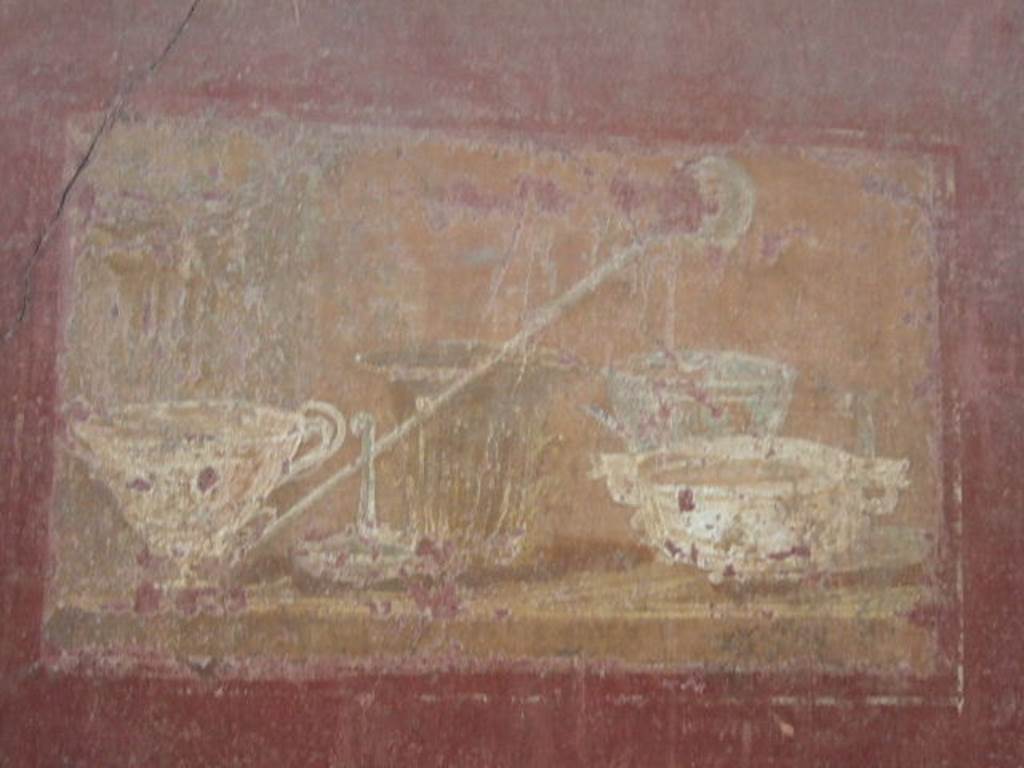 I.6.4 Pompeii.  December 2005.  Room 2, Wall painting of still life with silver vases at east end of north wall.
