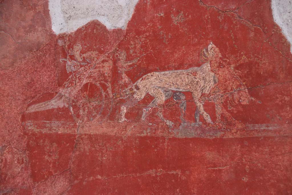 I.6.7 Pompeii. September 2019. 
Detail of fresco in north-east corner of atrium, on south side of doorway. Photo courtesy of Klaus Heese.
Kuivalainen describes 
A composition of a chariot drawn by two panthers on a red background. 
The two-wheeled chariot displays Bacchic attributes such as scyphus and cantharus, and a child figure leading the panthers beside the chariot.
Kuivalainen comments 
The painting is so damaged that the explanation cannot be explicit, with Bacchus however being a fair possibility. 
See Kuivalainen, I., 2021. The Portrayal of Pompeian Bacchus. Commentationes Humanarum Litterarum 140. Helsinki: Finnish Society of Sciences and Letters, (G20, p.201).

