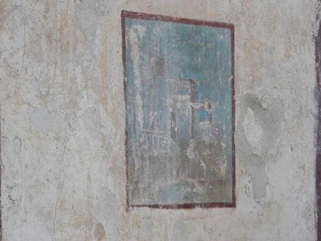 I.7.1 Pompeii. May 2016. Cubiculum on east side of fauces/vestibule, Looking towards north wall and north-east corner of the cubiculum through hole made in east wall of fauces/vesgtibule. The zoccolo/lower level of the wall would have been painted black and the middle zone of the wall was white. In the centre was a painted panel of a sacred landscape (35 x 33, III Style). Photo courtesy of Buzz Ferebee.
