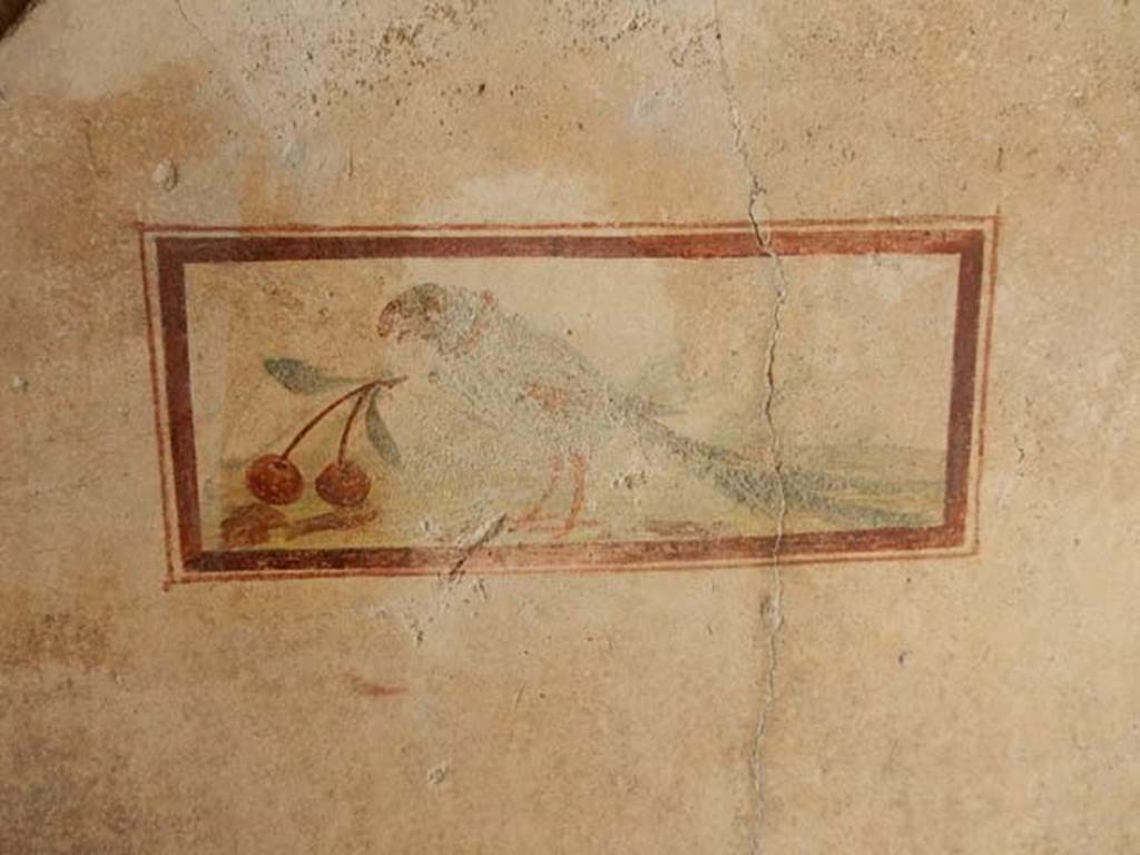 I.7.11 Pompeii. May 2017, cubiculum to south-east of atrium, west wall. 
Wall painting of bird with cherry.
Photo courtesy of Buzz Ferebee.
