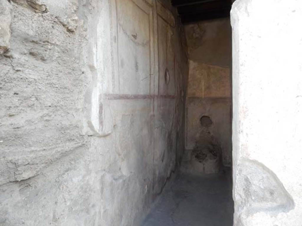 I.7.11 Pompeii. May 2017. Looking towards the south wall of the small bath room.
On the south wall were three white painted panels above a high black zoccolo.
The central panel used to contain a mirror in the centre of its painted medallion. 
Photo courtesy of Buzz Ferebee.
