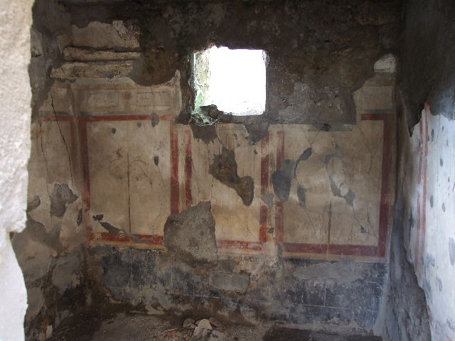I.7.19 Pompeii. December 2006. West wall of cubiculum in south-west corner of atrium.
The zoccolo was black and consisted of a plinth with panels above: the middle zone of the wall consisted of white panels with a red border. The floor of this room was cocciopesto, the threshold was indicated by a “net” design of white tesserae in squares surrounded by black tesserae, whereas the anteroom and the alcove were with a series of regularly spaced white stone dots in lines. The floor of the passage between the anteroom and the alcove was of black tesserae. According to PPM, shown in the photos of 1977 and 1980, there was a sliding door on the window onto the vicolo in this wall. It was restored after the excavation, and can be seen in our photo of the south wall, leaning against the wall and no longer in its position on the window of the west wall.

