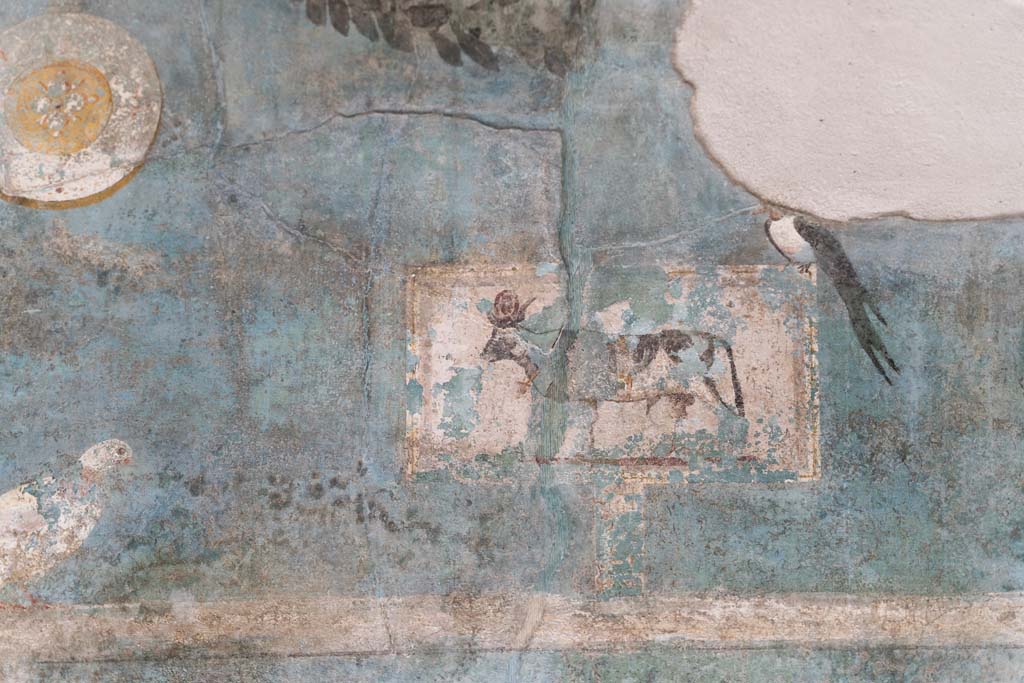 I.9.5 Pompeii. April 2022. Room 5, cubiculum. Upper north wall. Painting of Apis bull. Photo courtesy of Johannes Eber.