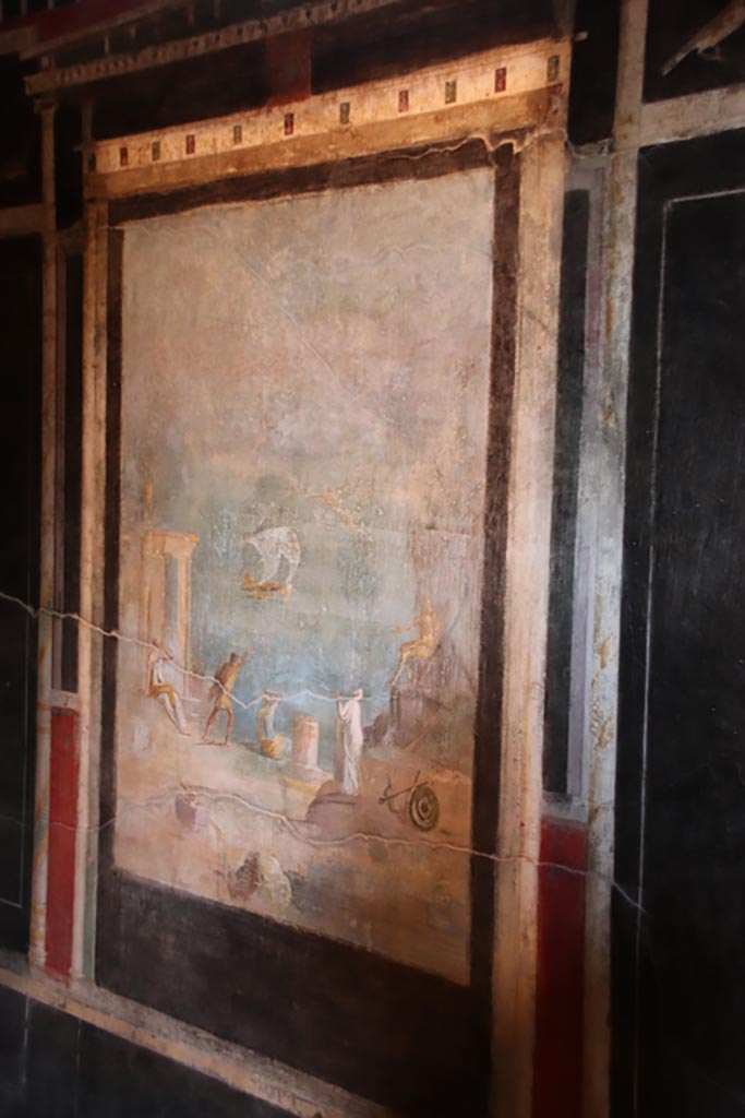 I.9.5 Pompeii. March 2009. Room 10.  Triclinium.  East wall.  Painting of Daedalus and Icarus.  See Bragantini, de Vos, Badoni, 1981. Pitture e Pavimenti di Pompei, Parte 1. Rome: ICCD.  (p.98).
