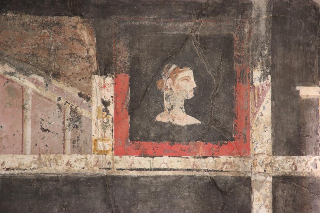 I.9.5 Pompeii. October 2024. Room 10, detail from upper west end of north wall. Photo courtesy of Klaus Heese