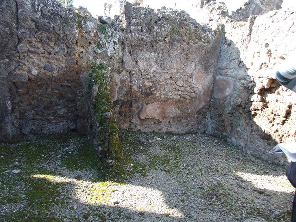 I.9.9 Pompeii. December 2006. On the left can be seen the west end of the entrance corridor. Behind the ruins of the north wall of the corridor can be seen the north-west corner of a cubiculum, on the right.
