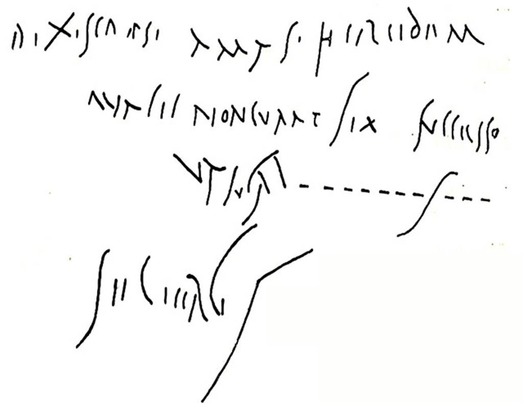 I.10.2 Pompeii. West wall of caupona, and site of stairs to upper floor.  
Third graffito of the love story of Successus, Severus and Iris.
According to Epigraphik-Datenbank Clauss/Slaby (See www.manfredclauss.de), this read as –

Dixi scripsi amas Hiredem 
quae te non curat SIX() Successo 
ut su[p]ra(t) [3]s[3] 
Severus                                                                           [CIL IV 8258]

