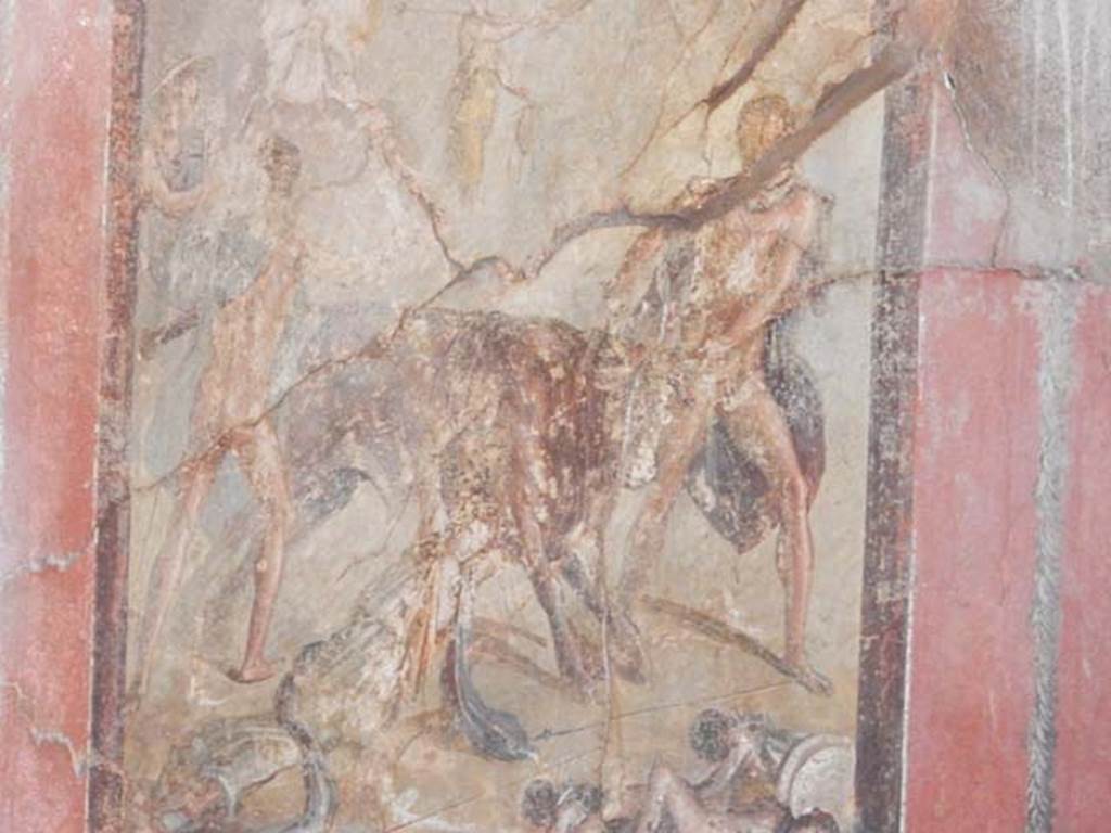 I.10.4 Pompeii. December 2018. 
Room 15, central wall painting of the Punishment of Dirce from south wall. Photo courtesy of Aude Durand.

