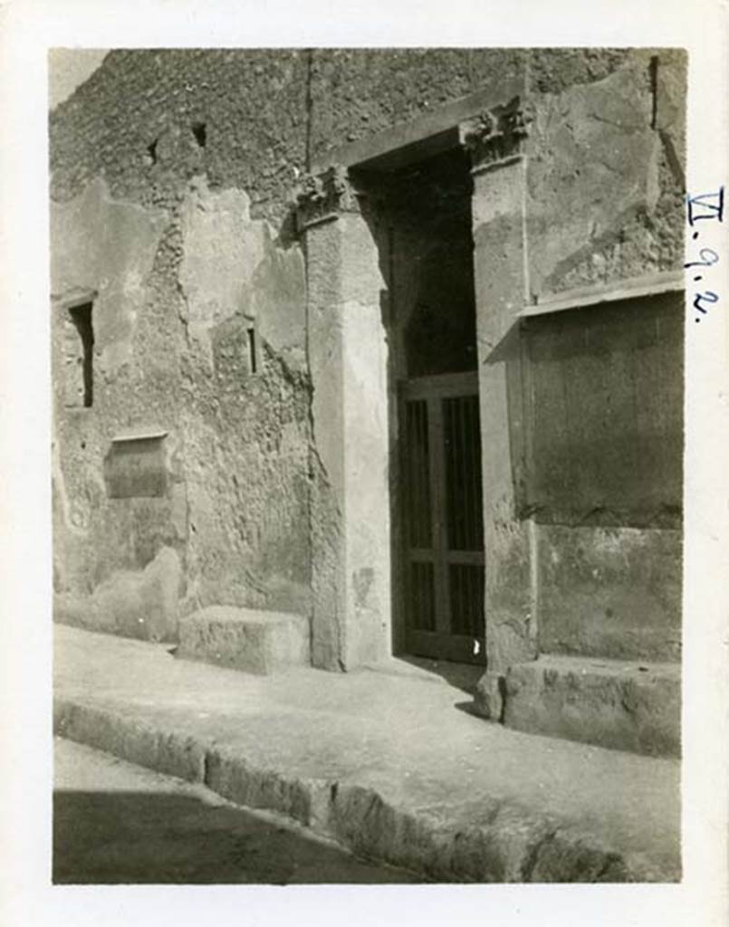 I.10.4 Pompeii, but shown as VI.9.2 on photo. 1937-39.  Looking south-east along north side of insula towards entrance doorway. Photo courtesy of American Academy in Rome, Photographic Archive. Warsher collection no. 1860.
