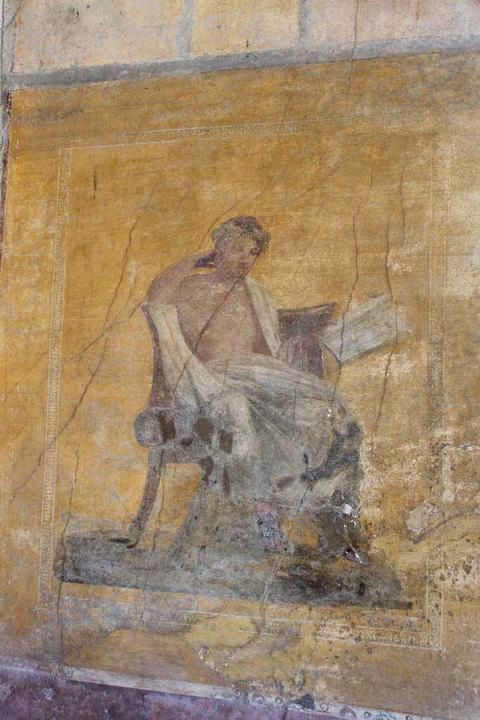I.10.4 Pompeii. March 2014. Alcove 23, wall painting of poet on west wall.  
Foto Annette Haug, ERC Grant 681269 DCOR.
