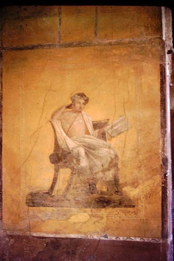 1.10.4 Pompeii. 1955. Fresco of Menander. Photo by Stanley A. Jashemski.
Source: The Wilhelmina and Stanley A. Jashemski archive in the University of Maryland Library, Special Collections (See collection page) and made available under the Creative Commons Attribution-Non Commercial License v.4. See Licence and use details.
J55f0478 
