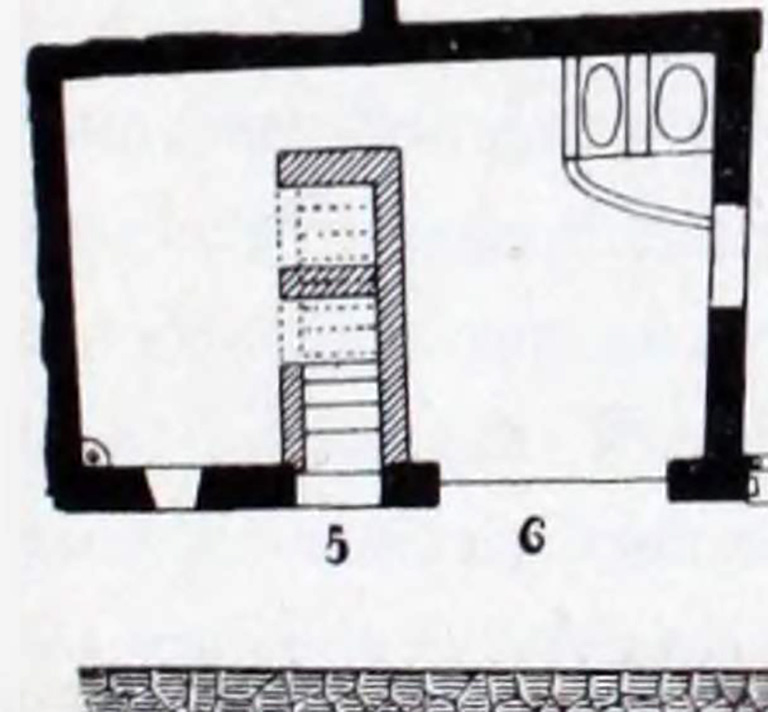 I.10.6 Pompeii. Plan with stairs at I.10.5 from Notizie degli Scavi, 1934, p.277.
For details of “finds” from this house, (including I.10.5)
See Allison, P.M. (2006). The Insula of the Menander at Pompeii: Vol. III The finds, Clarendon Press, Oxford, ((p.154-157 & p.335-6)
See Online Companion with details and photographs of finds from I.10.6.
