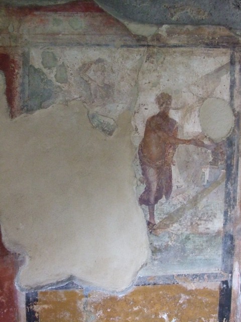 I.11.15 Pompeii.  December 2007.  Room 13.  Remains of the painting of Ariadne abandoned by Theseus.  