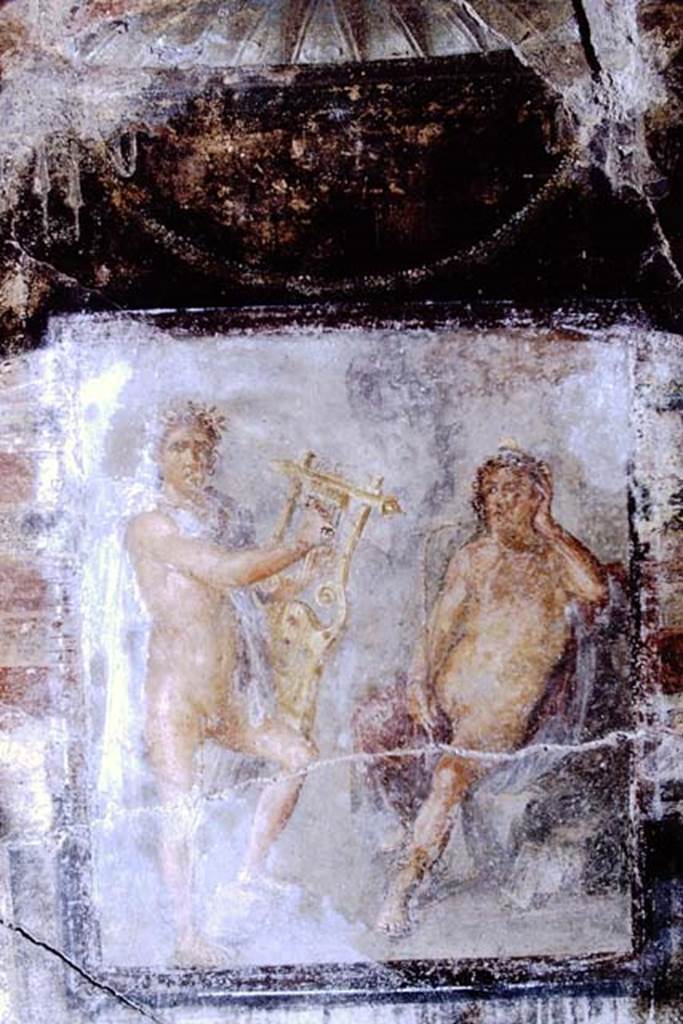I.11.15 Pompeii. 1968. Wall painting of Apollo and Admetus (or possibly Apollo and Mercury).  Photo by Stanley A. Jashemski.
Source: The Wilhelmina and Stanley A. Jashemski archive in the University of Maryland Library, Special Collections (See collection page) and made available under the Creative Commons Attribution-Non Commercial License v.4. See Licence and use details.
J68f1293
