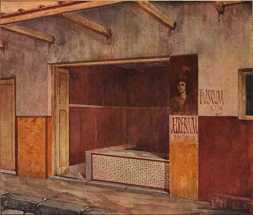 I.12.3 Pompeii. Painting by Spinazzola of entrance façade showing graffiti and painting of Minerva to right of doorway.