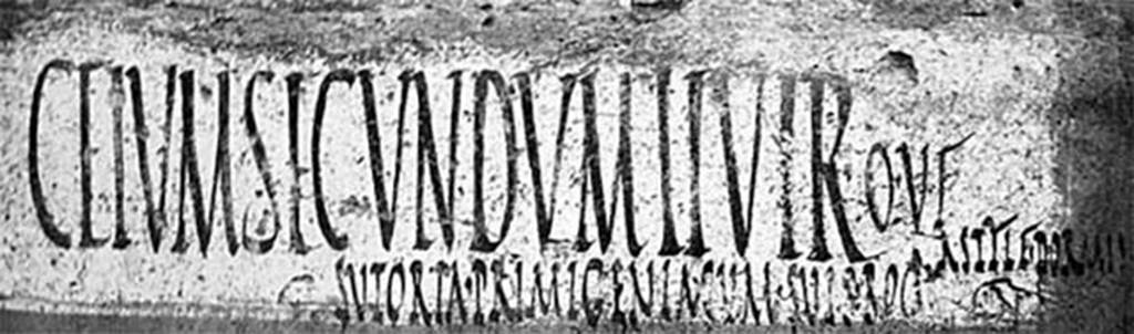 I.13.3 Pompeii. According to Varone and Stefani, also found on the left of the doorway was CIL IV 7464. 

Ceium Secundum IIvir(um) o(ro) v(os) f(aciatis) 
Sutoria Primigenia cum suis rog(at) 
Astyle dormi(enti)s       [CIL IV 7464]

See Varone, A. and Stefani, G., 2009. Titulorum Pictorum Pompeianorum, Rome: L’erma di Bretschneider, (p.156-7)
See Epigraphik-Datenbank Clauss/Slaby (www.manfredclauss.de).

