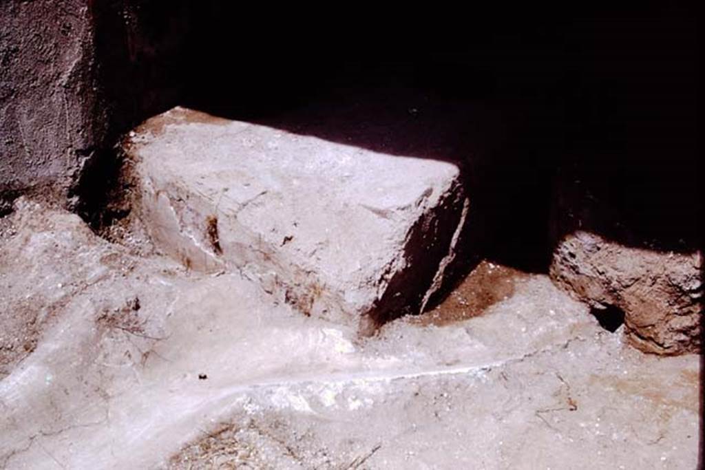I.13.16 Pompeii. 1972. End of couch in summer triclinium with remains of painted plaster, and gutter. Photo by Stanley A. Jashemski. 
Source: The Wilhelmina and Stanley A. Jashemski archive in the University of Maryland Library, Special Collections (See collection page) and made available under the Creative Commons Attribution-Non Commercial License v.4. See Licence and use details. J72f0388
